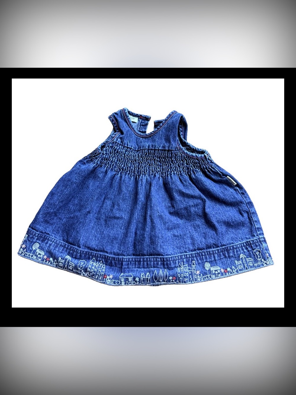 Vtg OshKosh B’gosh Scenic hem village embroidered denim smocked denim Y2K dress